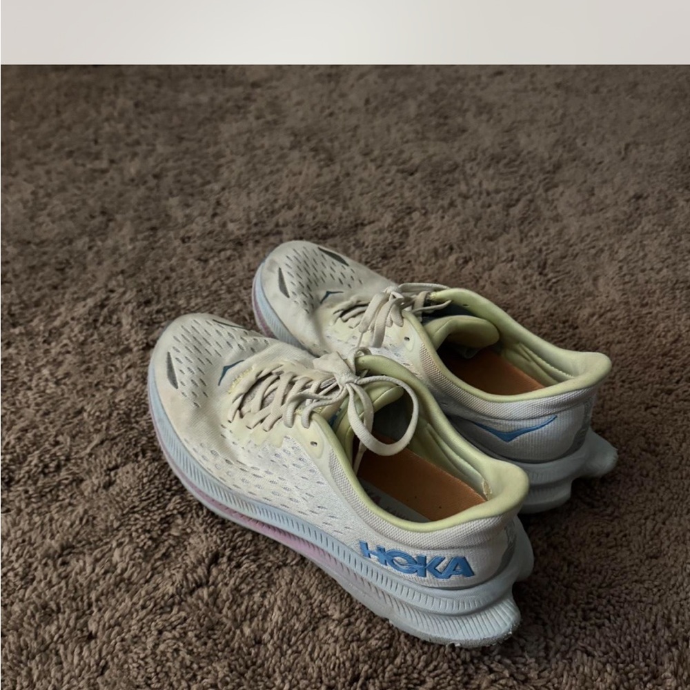 Hoka Clifton 8 White and Light Blue Athletic Shoes